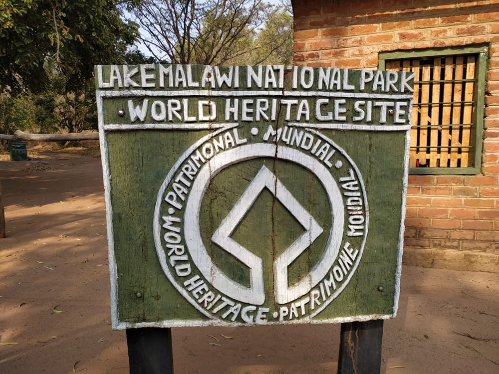 Lake Malawi World Heritage Site sign at the entrace to the park